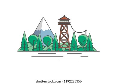 Vector Flat Art landscape with outline stroke design, with fire lookout tower