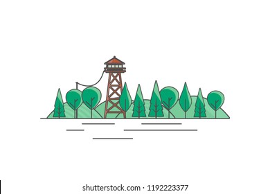 Vector Flat Art landscape with outline stroke design, with fire lookout tower