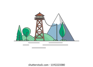 Vector Flat Art landscape with outline stroke design, with fire lookout tower