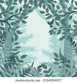 Vector flat art of a lush forest scene, featuring silhouetted trees, leafy branches.