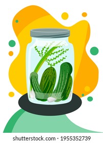 Vector Arte plano de estilo polaco frasco de pepinillos, con un agradable fondo verde y amarillo.