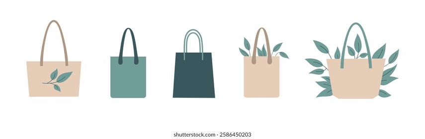 Vector flat art set features a collection of eco-friendly tote bag illustrations.