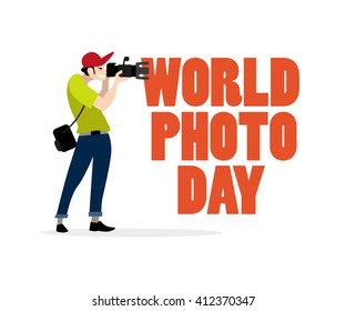 Vector flat artistic character isolated on white background. Text message. Profession human icon. Person man portrait. Photo day card. Photographer icon. Beauty fashion industry people. Camera man.