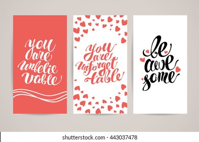 Vector flat artistic creative cards with lettering. Hand written font, text message, phrase. Love card, postcard, congratulation, invitation, party flayer. Banner, advertising, poster, placard design.