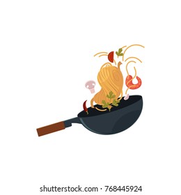 vector flat asian iron wok pan with flipping shrimp, chili pepper, mushrooms, parsley, tomato, udon noodles. Stir fry coocking process icon for menu design. Isolated illustration on white background