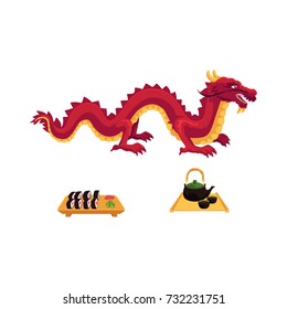 vector flat asian japan, china oriental symbols concept set. Red dragon without wings, sushi with ginger, wasabi and kettle with caps for tea ceremony. Isolated illustration on a white background.
