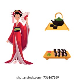 vector flat asian japan, china oriental symbols concept set. Geisha with folding fan, sushi with ginger, wasabi and kettle with caps for tea ceremony. Isolated illustration on a white background.