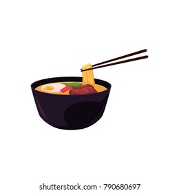 vector flat asian japan, china oriental symbols concept. Noodles with meat and ingredients in ceramic pot, bowl with bamboo sticks. Isolated illustration on a white background.