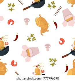 vector flat asian wok seamless pattern. Udon noodles in paper box, large royal shrimp, chili pepper and mushroom, pan. Stir fry eastern fastfood icons for menu design. Isolated illustration