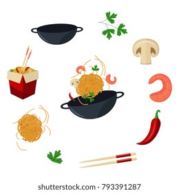 vector flat asian wok symbols set. Udon noodles in paper box, large royal shrimp, chili pepper, sticks, parsley, mushroom, pan. Stir fry eastern fastfood icons for menu design. Isolated illustration