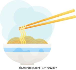 vector flat asian wok udon noodles in ceramic pot with bamboo sticks.