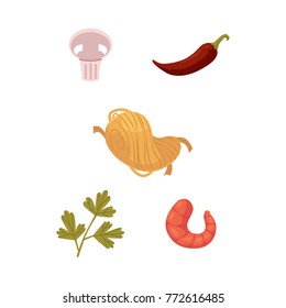 vector flat asian wok udon noodles, large royal shrimp, chili pepper, parsley and mushroom. Stir fry eastern fastfood icon for menu design. Isolated illustration on white background