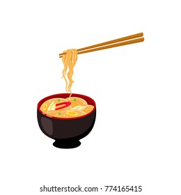 vector flat asian wok udon noodles in ceramic pot with bamboo sticks. Stir fry eastern fastfood icon for menu design. Isolated illustration on white background