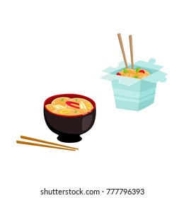 vector flat asian wok udon noodles in paper box, in ceramic pot with bamboo sticks. Stir fry eastern fastfood icon for menu design. Isolated illustration on white background