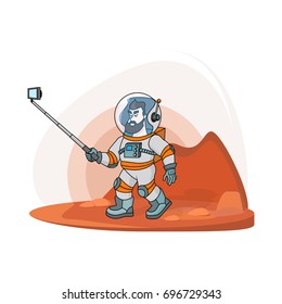 Vector flat astronaut making selfie. Modern creative illustration men with phone in universe on red planer with selfie stick. Cosmos space travel on the moon print