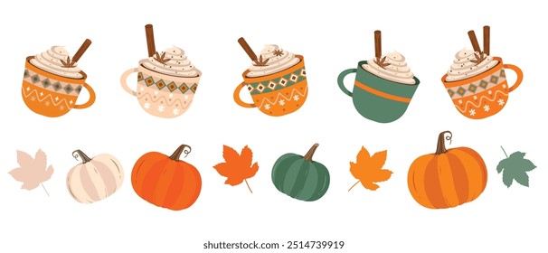 Elementos de diseño planos de otoño de Vector. Calabazas, hojas, tazas de café caliente, canela, flores de vainilla y hojas secas. Halloween, Thanksgiving Festiva concepto decoraciones creativas conjunto diseño de Colección