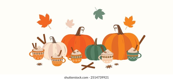 Elementos de diseño planos de otoño de Vector. Calabazas, hojas, tazas de café caliente, canela, flores de vainilla y hojas secas. Halloween, Thanksgiving Festiva concepto decoraciones creativas conjunto diseño de Colección