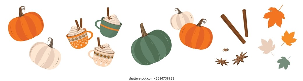 Elementos de diseño planos de otoño de Vector. Calabazas, hojas, tazas de café caliente, canela, flores de vainilla y hojas secas. Halloween, Thanksgiving Festiva concepto decoraciones creativas conjunto diseño de Colección