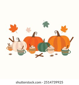 Elementos de diseño planos de otoño de Vector. Calabazas, hojas, tazas de café caliente, canela, flores de vainilla y hojas secas. Halloween, Thanksgiving Festiva concepto decoraciones creativas conjunto diseño de Colección