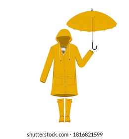 Ilustración de otoño plana vectorial. Persona abstracta en impermeable amarillo 
y botas de lluvia sosteniendo el paraguas. 
Ilustración plana aislada sobre fondo blanco.