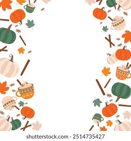 Vector flat Autumn pumpkin and leaves Frame or Banner design Flat style pumpkin illustration Design Decorative texture signboard template. Halloween, Thanksgiving Holiday and Pumpkin Concept Design.