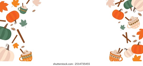 Vector flat Autumn pumpkin and leaves Frame or Banner design Flat style pumpkin illustration Design Decorative texture signboard template. Halloween, Thanksgiving Holiday and Pumpkin Concept Design.