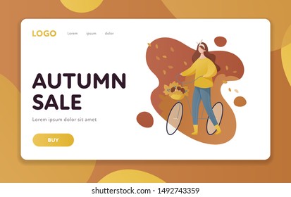 Vector flat autumn sale banner template. Sport cozy cyclist woman character with vegetable basket on yellow abstract background. Design element for poster, advertisment, web, ui, landing page