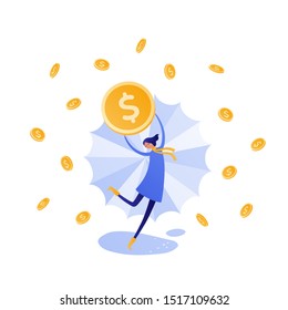 Vector flat autumn sale people illustration. Female with umbrella and dollar coin dancing in money rain isolated on white background. Design element for banner, poster, web, inforgraphics, leaflet.