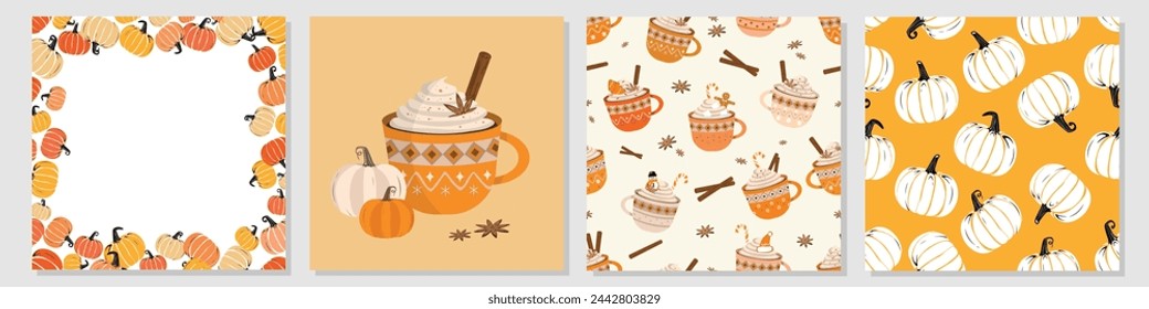 Vector Flat Autumn Set. Pumpkin seamless patterns, frame template and design element. printable repeatable texture design. Fall Season, Halloween and Thanksgiving and Pumpkin Concept Creative Designs.