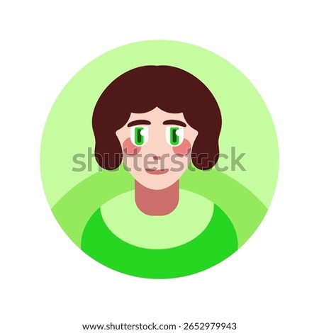 Vector flat avatar illustration of a girl with dark brown hair in cartoon style features. Ideal for use in user interfaces, social media profiles, websites or mobile applications. Flat avatar