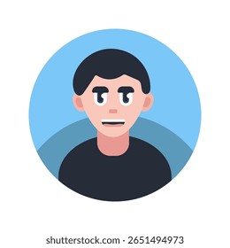 Vector flat avatar illustration of a young man with dark hair and expressive face. Minimalist and modern design, perfect for profile pictures, social media, user interfaces, and web design. Isolated