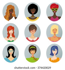 Vector flat avatars.Beautiful girls,woman,female.Various hair style icons,different races set.African american ,European; Asian woman app icons in trendy flat style.Fashion vector,image,look