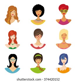 Vector flat avatars.Beautiful girls,woman,female.Various hair style icons,different fashion look set.European,Asian American woman app icons in trendy flat style.Fashion vector,image,look