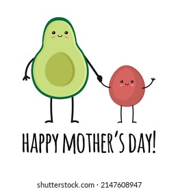 Vector flat avocado mom and baby and happy Mother’s Day text isolated on white background