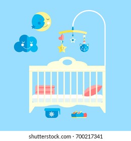 Vector Flat Baby Bed. Infant Bedroom With Mobile. Stylish Card.