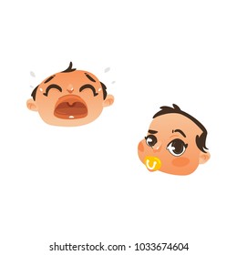 Vector Flat Baby Face With Facial Expression Set. Dissapointed Unhappy Boy Kid Crying, Curious Child Sucking Nipple. Cartoon Funny Emotional Character Portrait. Isolated Illustration, White Background