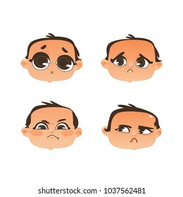 Vector flat baby face with facial expression set. dissapointed unhappy angry , sad dissatisfied pitiful emotions. Cartoon character portrait. Isolated illustration white background