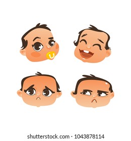 Vector Flat Baby Face With Facial Expression Set. Dissapointed Unhappy Crying, Curious Child Sucking Nipple, Happy Smiling Laughing Offended Emotions. Cartoon Character Portrait. Isolated Illustration