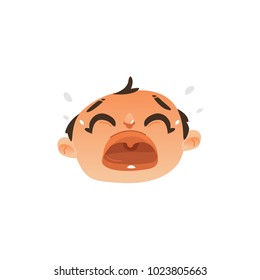 Vector Flat Baby Face With Sad Facial Expression Dissapointed Unhappy Boy Kid Crying. Cartoon Male Funny Emotional Character Portrait Open Mouth Tears From Eye. Isolated Illustration, White Background