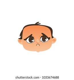 Vector Flat Baby Face With Sad Facial Expression, Dissapointed Unhappy Boy Kid. Cartoon Male Funny Emotional Character Portrait . Isolated Illustration, White Background