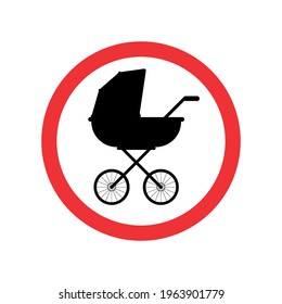 Vector flat baby pram silhouette in red circle isolated on white background. No child stroller sign