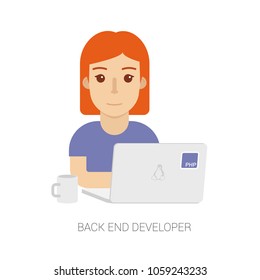 Vector Flat Back End Developer Girl with  Notebook and Coffee Illustration