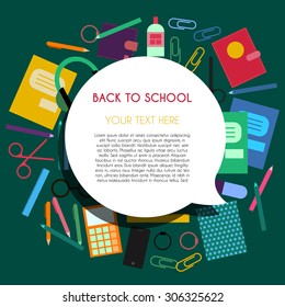 vector flat back to school essentials supplies items icons objects stuff education knowledge day blackboard background text place template 