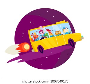 Vector flat back to school illustration with big yellow school bus flying  like rocket on dark blue sky isolated. Animal pupils on board. Stars. New knowledges idea banner.