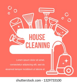 Vector flat background of accessories for cleaning. Washing the floor, clean the windows. Linear style, coral color
