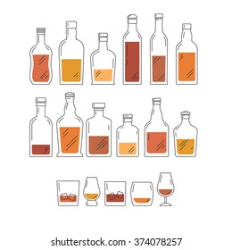 Vector flat background for drink menu, beverage list. Collection of whisky bottles and glasses. Modern illustration for whisky bars, pubs or restaurants, whisky party, whisky tastings and events. 