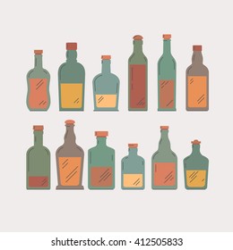 Vector flat background for drink menu, beverage list. Collection of whisky bottles and glasses. Modern illustration for whisky bars, pubs or restaurants, whisky party, whisky tastings and events.