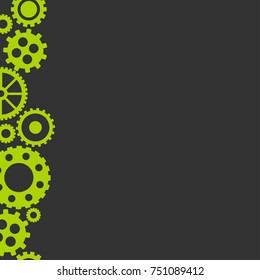 Vector flat background with green gears on the left sides on black background. eco friendly technology wallpaper