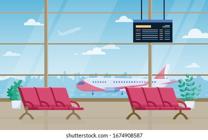 Vector de fondo plano de la sala en el aeropuerto. Interior de la sala de espera con sillas y panel de información. Ver desde la ventana