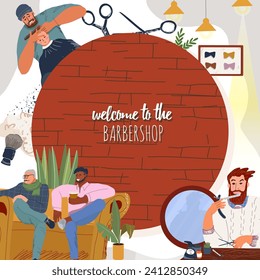 Vector flat background illustration with barbershop atmosphere, barber supplies, customer and barber in the process of haircut and beard grooming, socializing, relaxing sitting on couch. 
